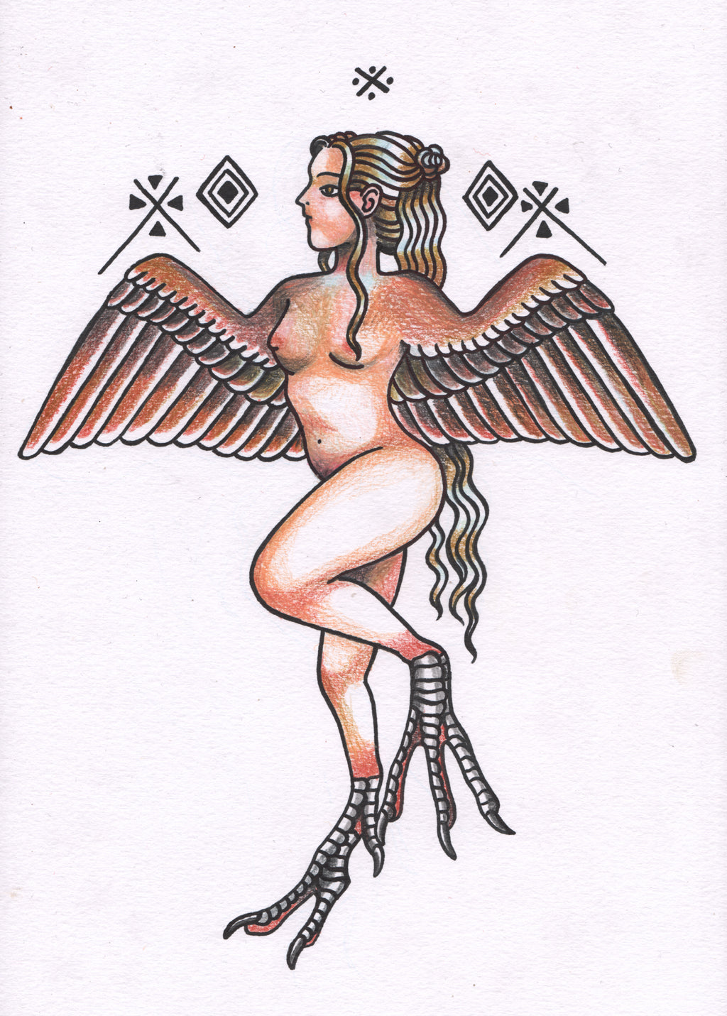 "Harpy", A4 Original Color Pencil Drawing